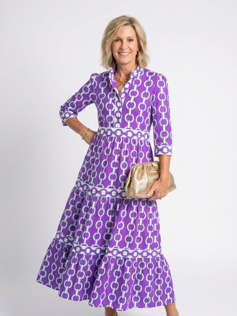 ROSALIND | THREE QUARTER SLEEVE CHAIN PATTERN MIDI DRESS