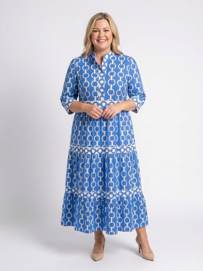 ROSALIND | THREE QUARTER SLEEVE CHAIN PATTERN MIDI DRESS