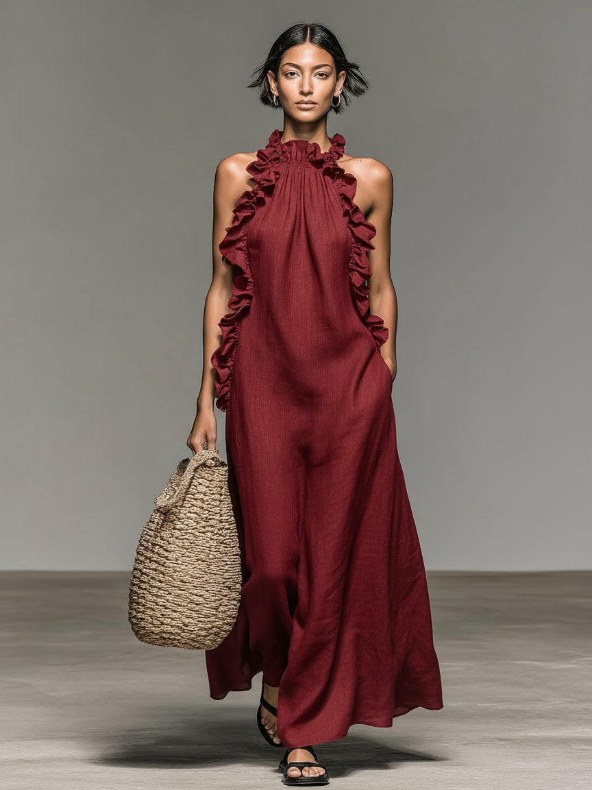MADELEINE | RUFFLE-NECK MAXI DRESS WITH POCKETS