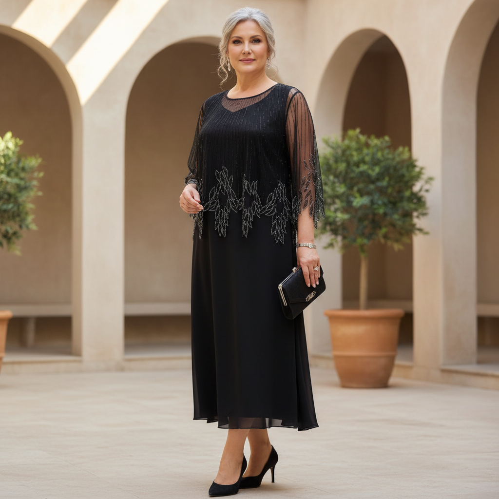 FELICIA | ELEGANT SHEER-SLEEVE MIDI DRESS