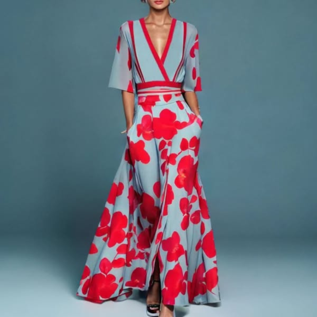 SERAPHINA | BELTED V-NECK FLORAL MAXI DRESS
