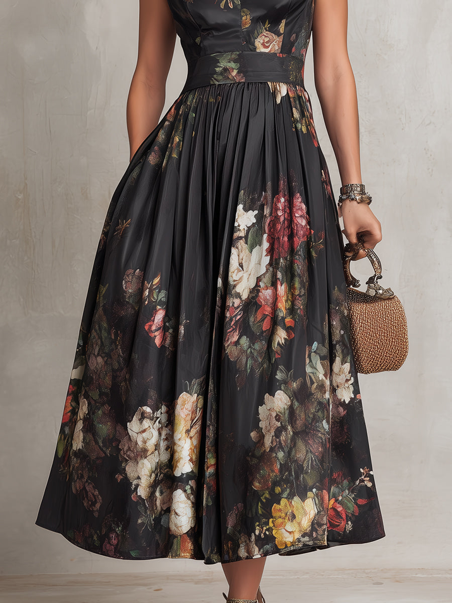 ELENORA | FLORAL PLEATED SATIN MIDI DRESS