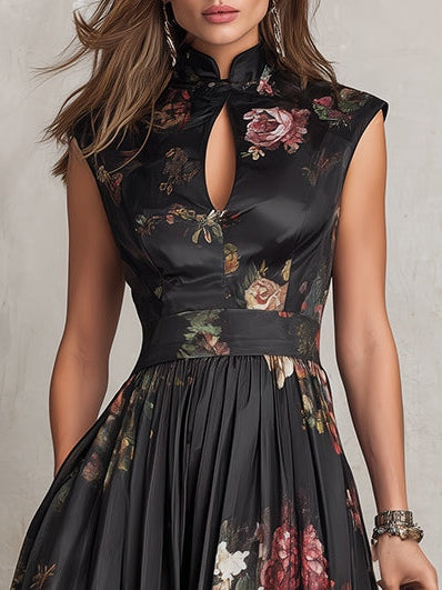 ELENORA | FLORAL PLEATED SATIN MIDI DRESS
