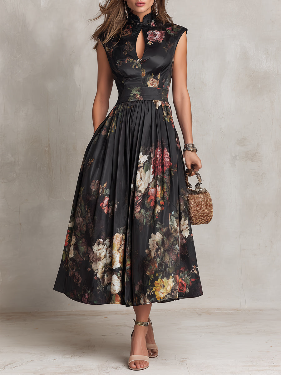 ELENORA | FLORAL PLEATED SATIN MIDI DRESS