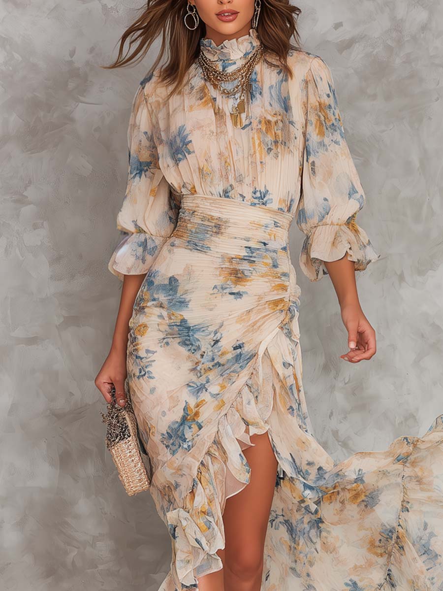 EVELYN | OIL PAINTING FLORAL CHIFFON MAXI DRESS