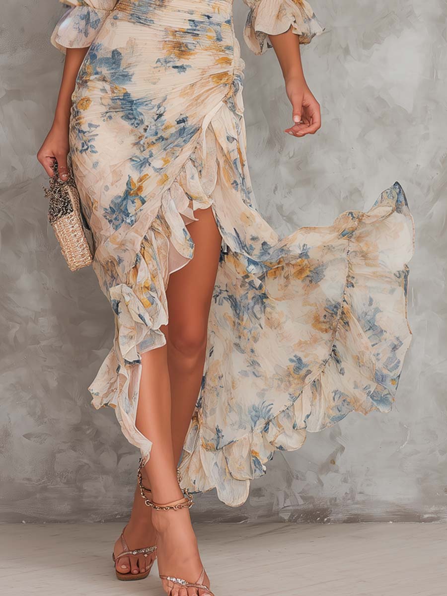 EVELYN | OIL PAINTING FLORAL CHIFFON MAXI DRESS
