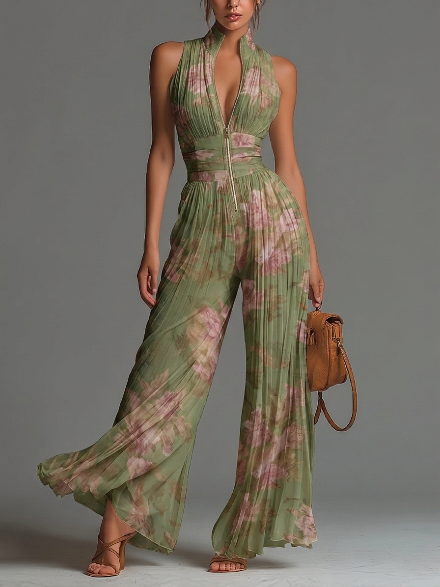 ADRIENNE | ZIP-UP WIDE-LEG CHIFFON JUMPSUIT