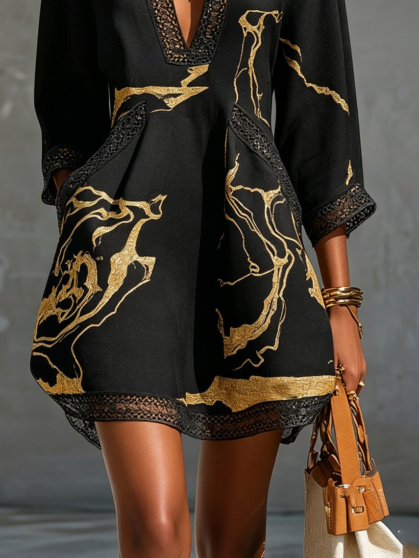 DONATELLA | BLACK MINI DRESS WITH GOLD MARBLE PRINT