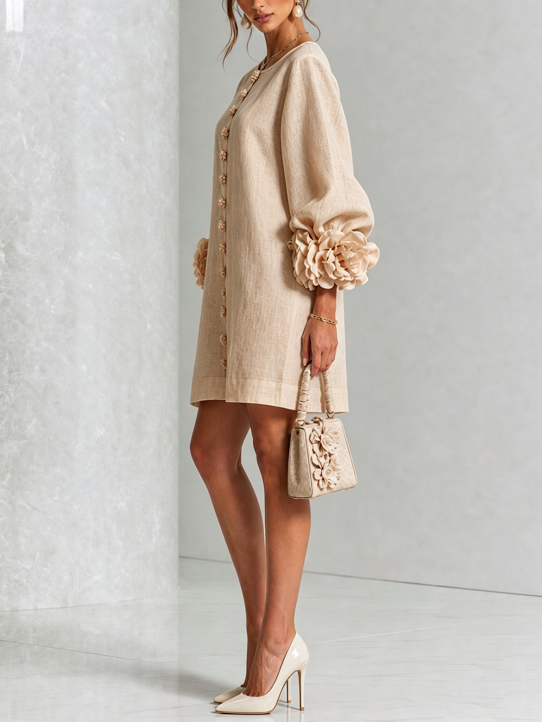 VYNEXA | FLORAL-CUFF BUTTON-FRONT MINI DRESS