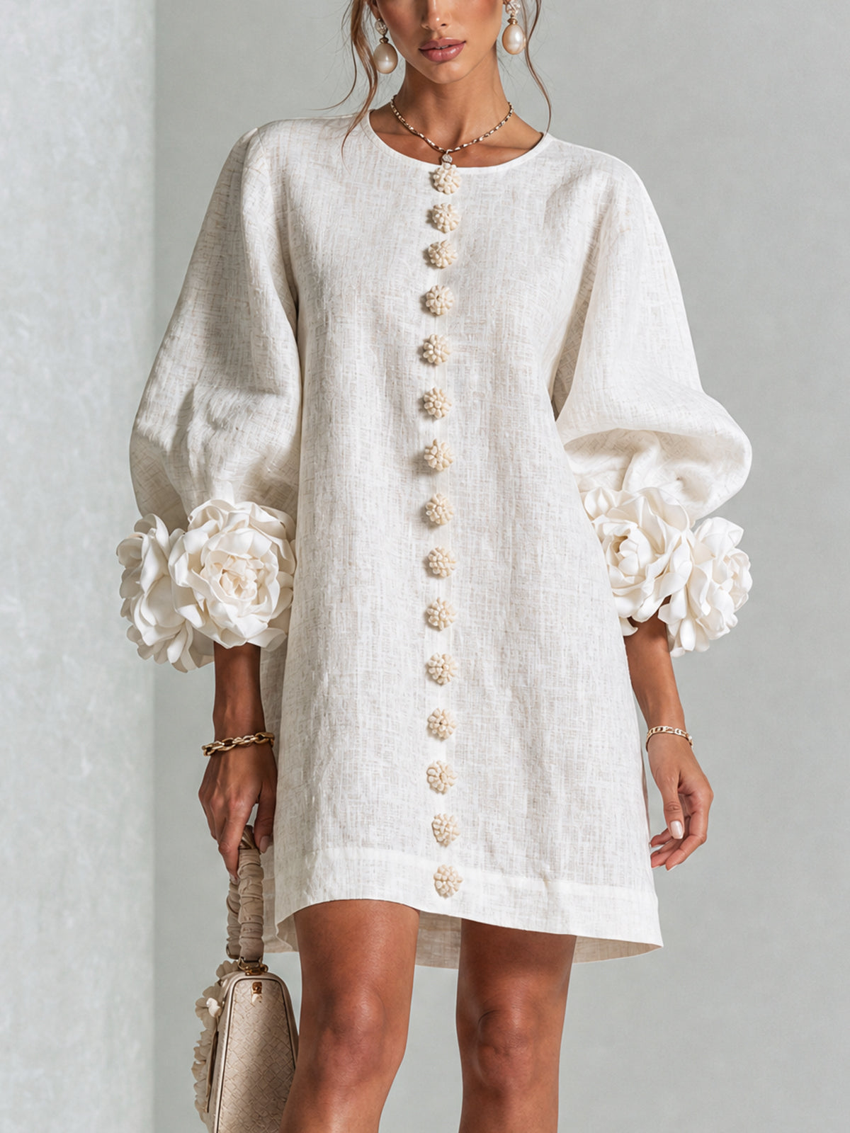 VYNEXA | FLORAL-CUFF BUTTON-FRONT MINI DRESS