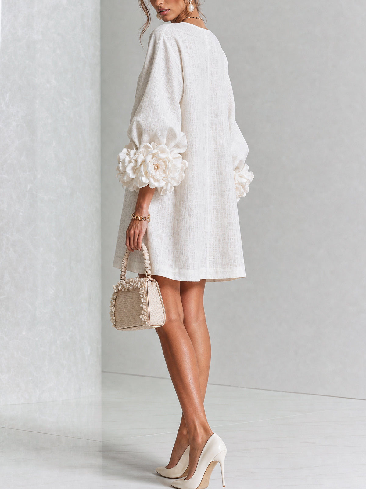 VYNEXA | FLORAL-CUFF BUTTON-FRONT MINI DRESS