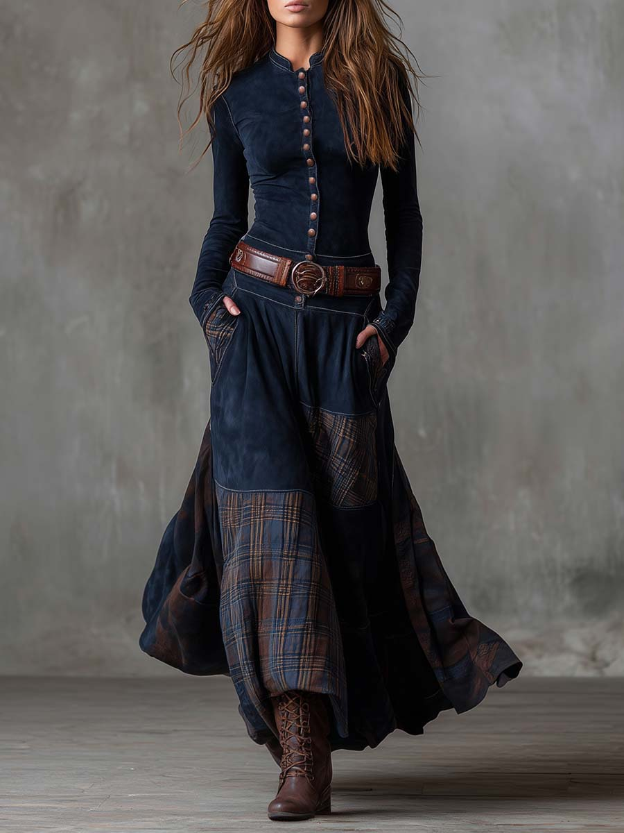 SOFIA | NAVY VINTAGE SUEDE MAXI DRESS