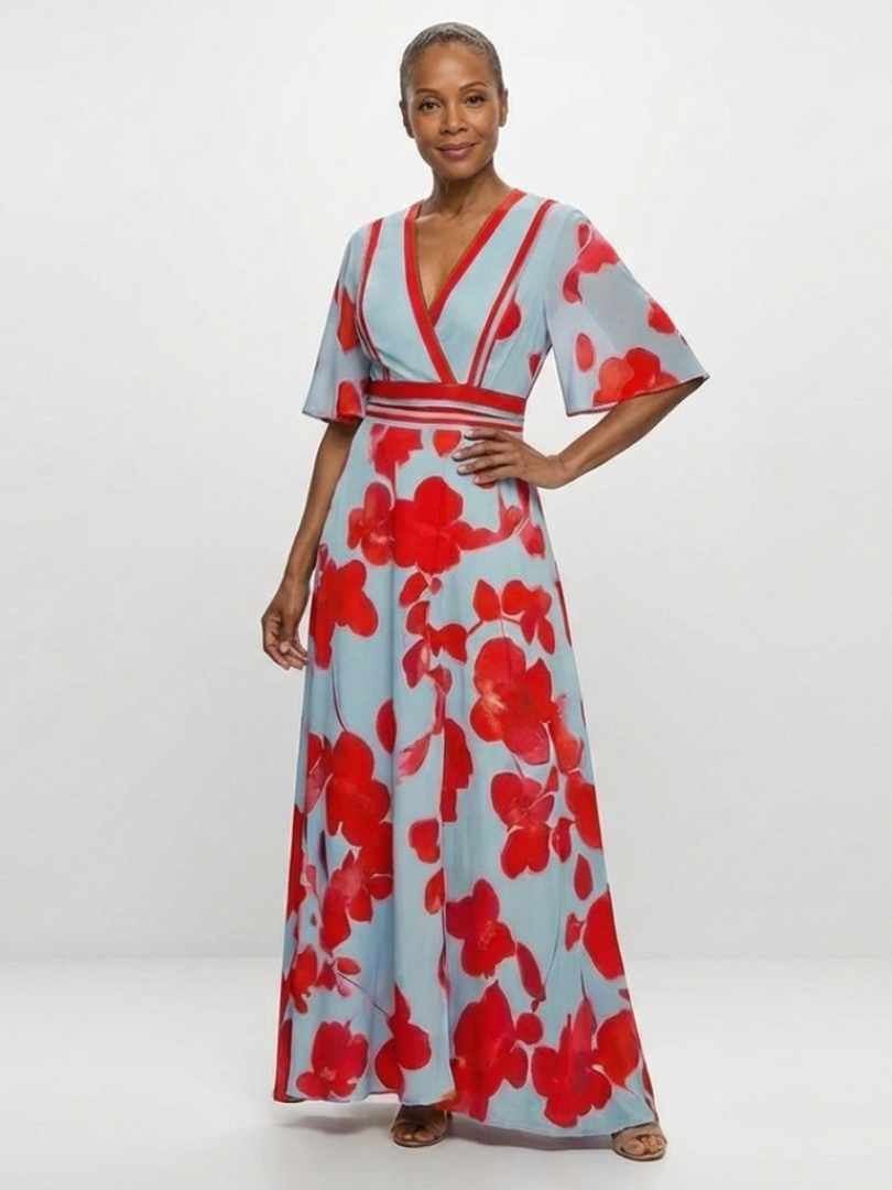 AURELIA | V NECK SHORT SLEEVE FLORAL MAXI DRESS