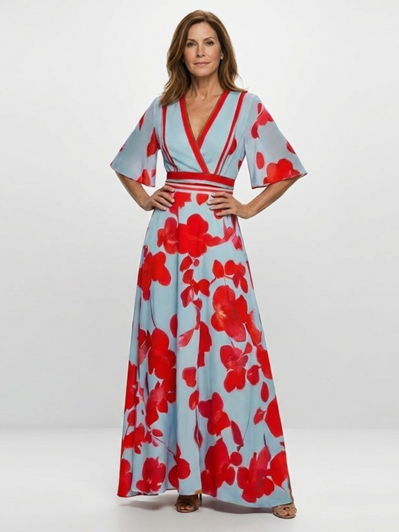 AURELIA | V NECK SHORT SLEEVE FLORAL MAXI DRESS
