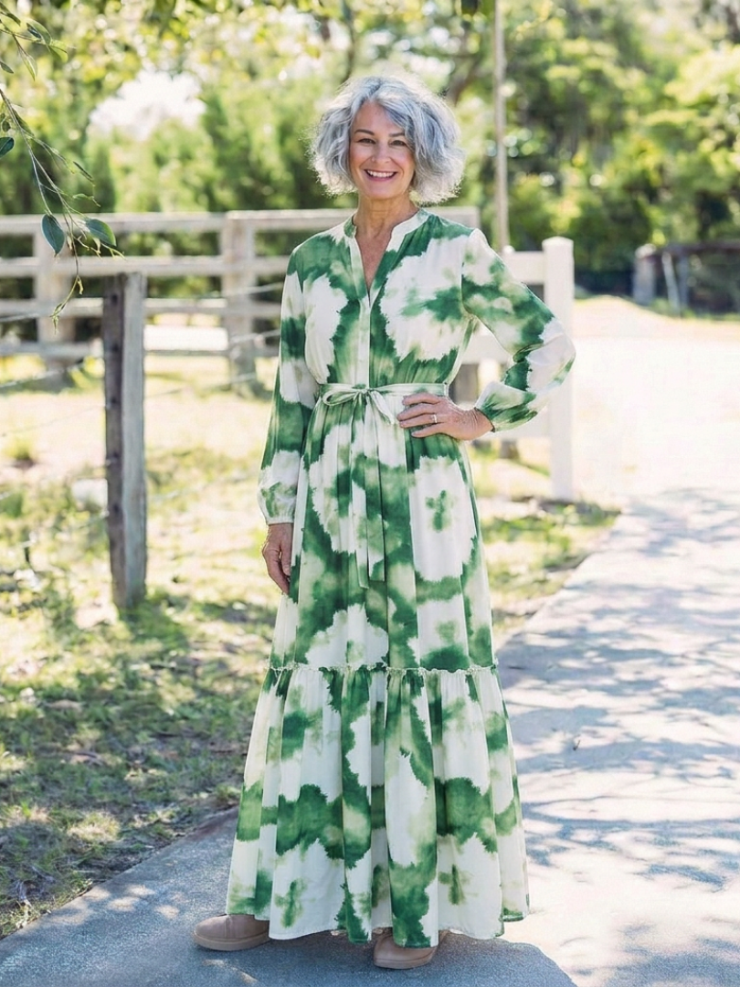 ANWEN | LONG SLEEVE TIE WAIST TIERED MAXI DRESS