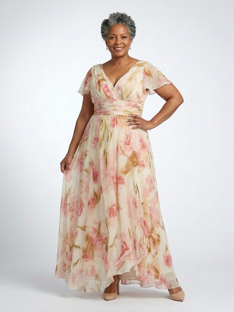 MARCELINE | V NECK SHORT SLEEVE FLORAL MAXI DRESS