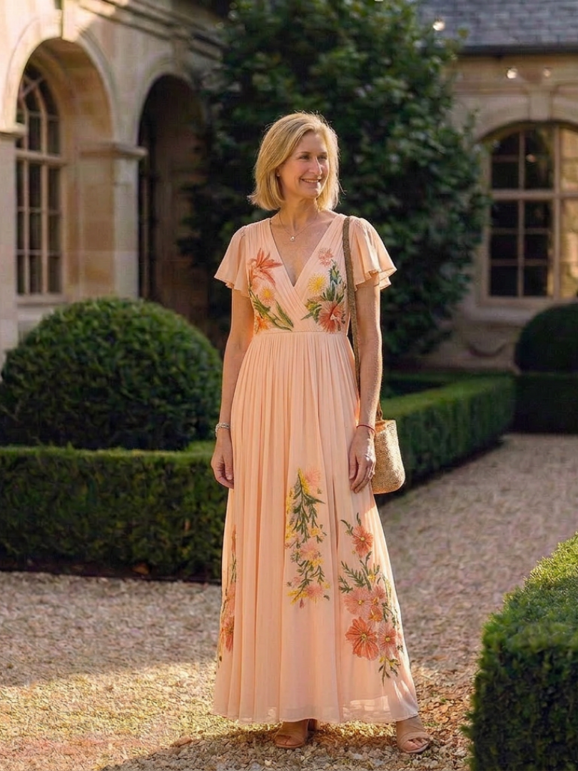 OTTILIE | V NECK SHORT SLEEVE PLEATED FLORAL MAXI DRESS