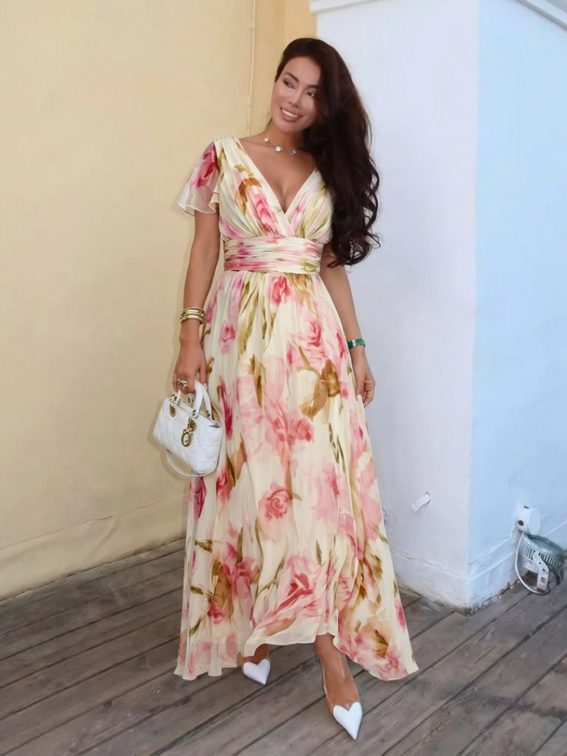 MARCELINE | V NECK SHORT SLEEVE FLORAL MAXI DRESS