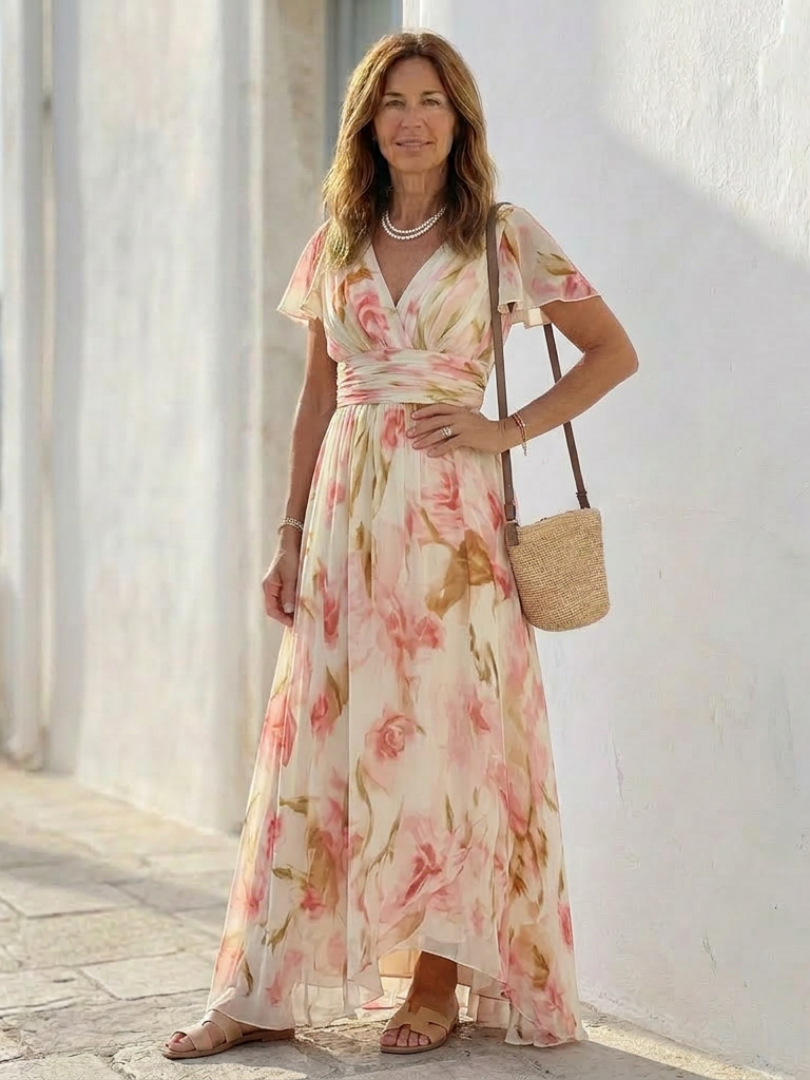 MARCELINE | V NECK SHORT SLEEVE FLORAL MAXI DRESS