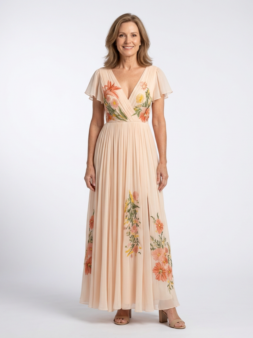 OTTILIE | V NECK SHORT SLEEVE PLEATED FLORAL MAXI DRESS