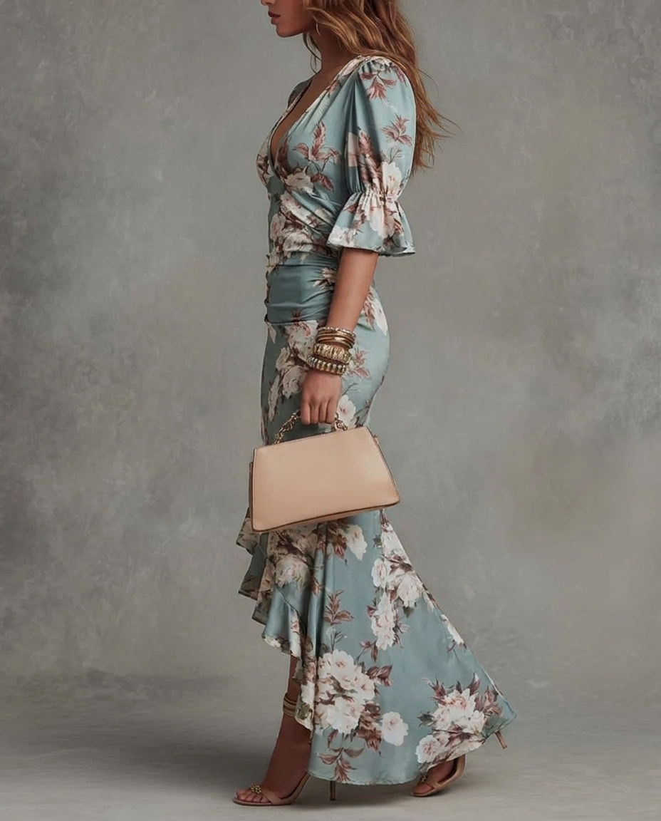 MARINA | FLORAL ASYMMETRICAL SATIN MAXI DRESS