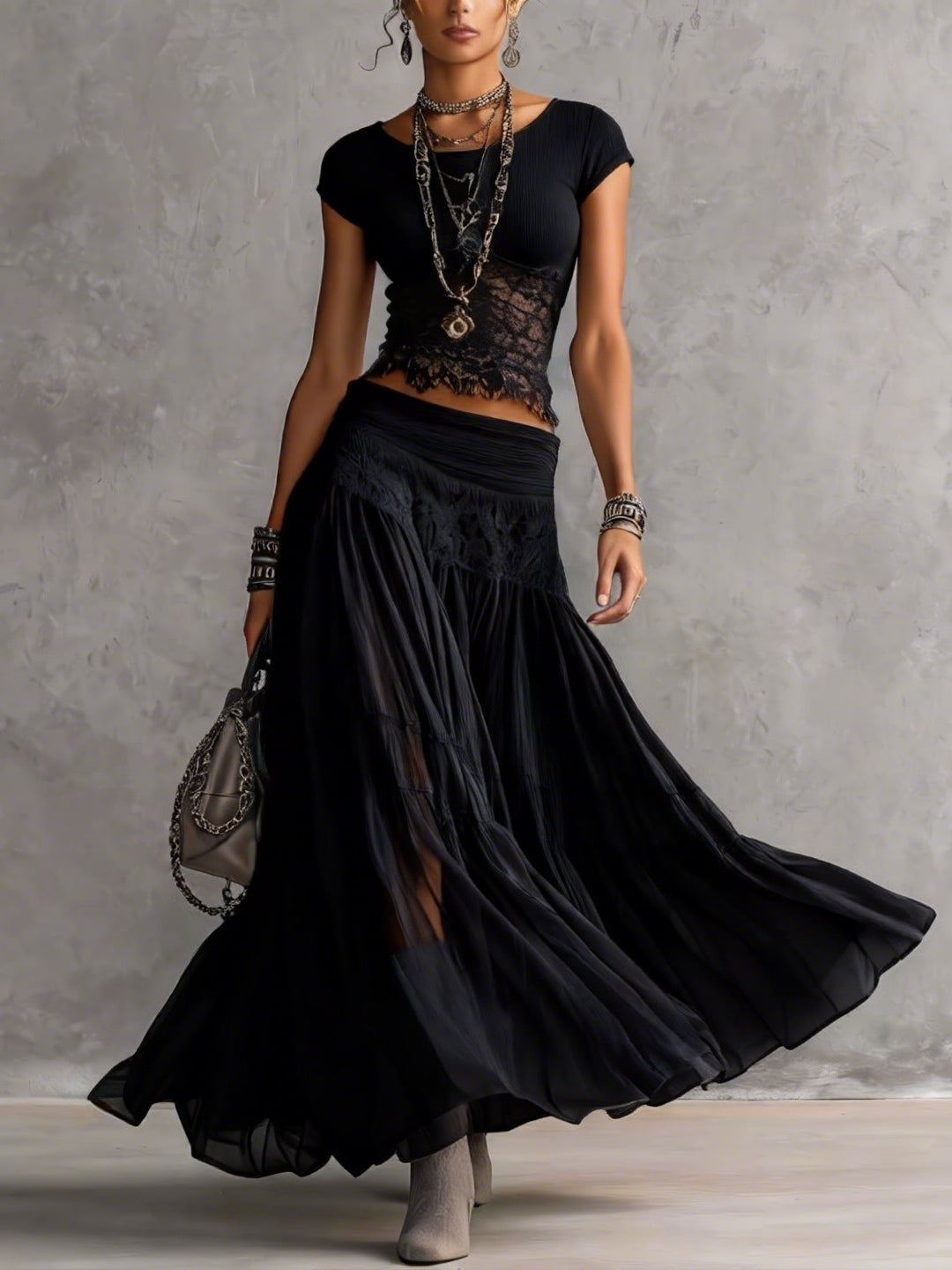 MARIANNA | LACE-PANELED MAXI SKIRT SET