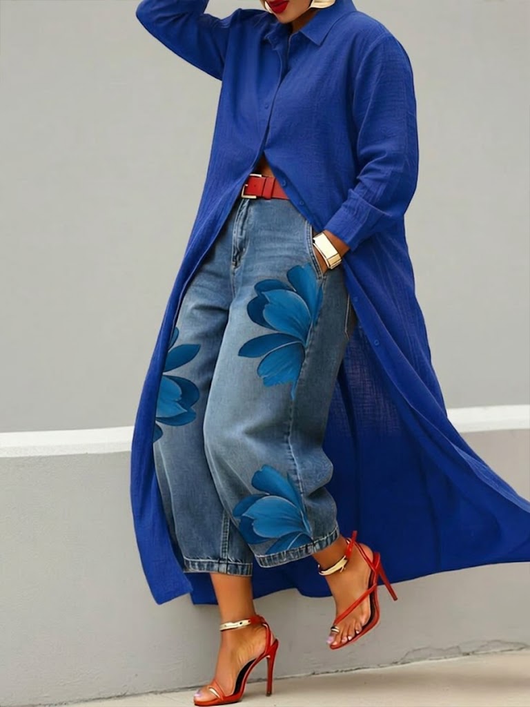 MIRA | FLORAL DENIM TWO-PIECE SHIRT SET