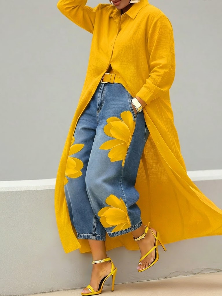 MIRA | FLORAL DENIM TWO-PIECE SHIRT SET