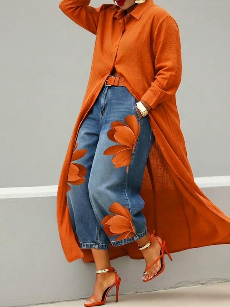 MIRA | FLORAL DENIM TWO-PIECE SHIRT SET