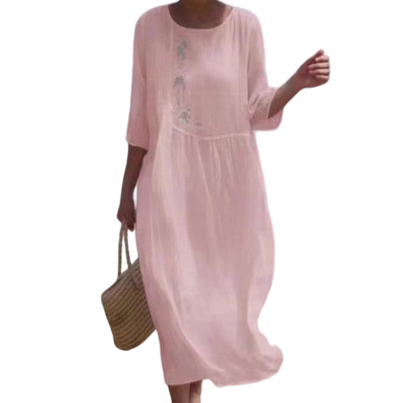 Molaka - Comfortable Embroidered Linen Midi Dress