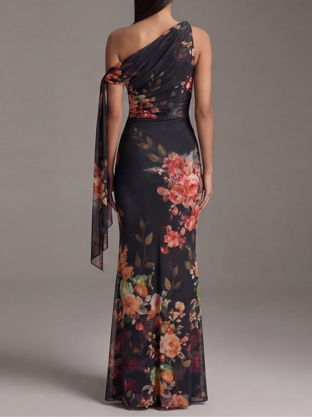 VALENCIA | ONE-SHOULDER PRINTED CHIFFON MAXI DRESS