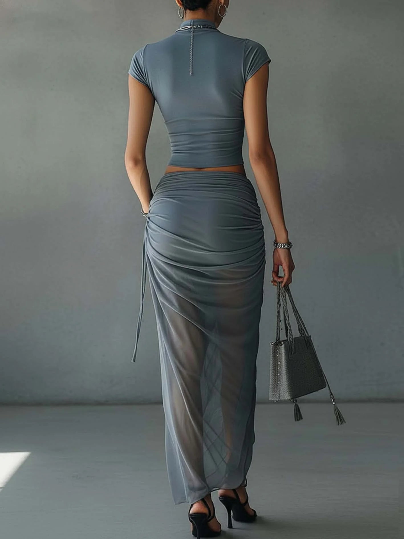 JOLENE | SHEER MESH DRAPED SKIRT SET