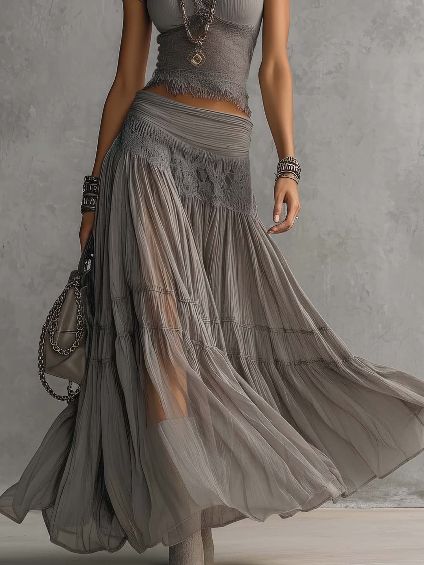 MIRELLA | SHEER LACE-PANELED MAXI SKIRT SET