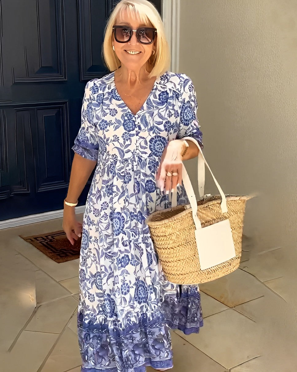 VELORA | GRACEFUL V-NECK FLORAL DRESS