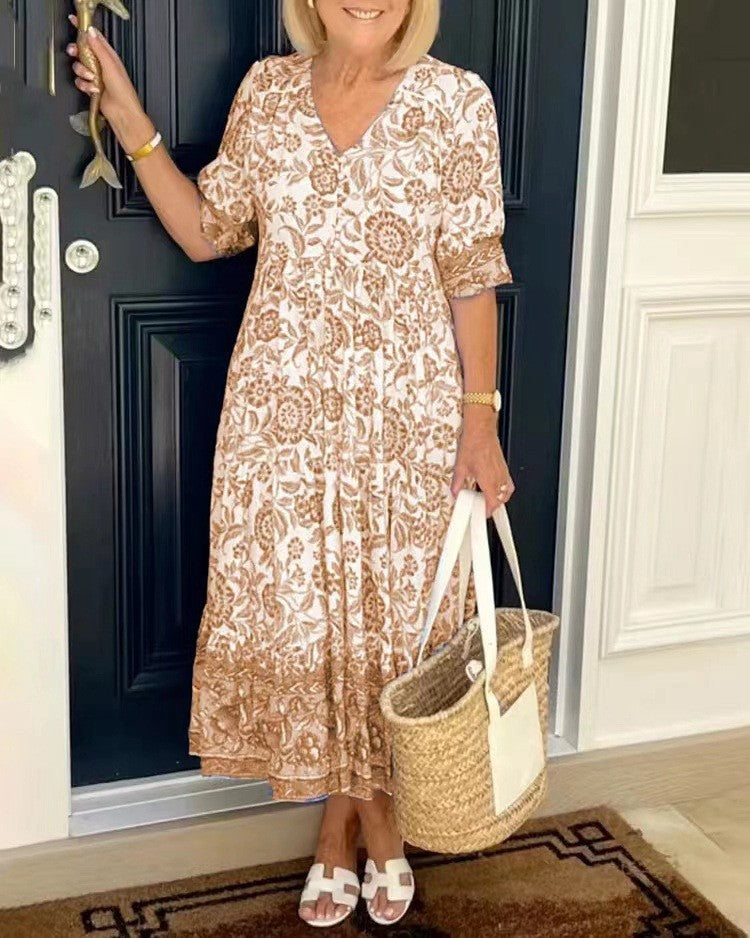 VELORA | GRACEFUL V-NECK FLORAL DRESS