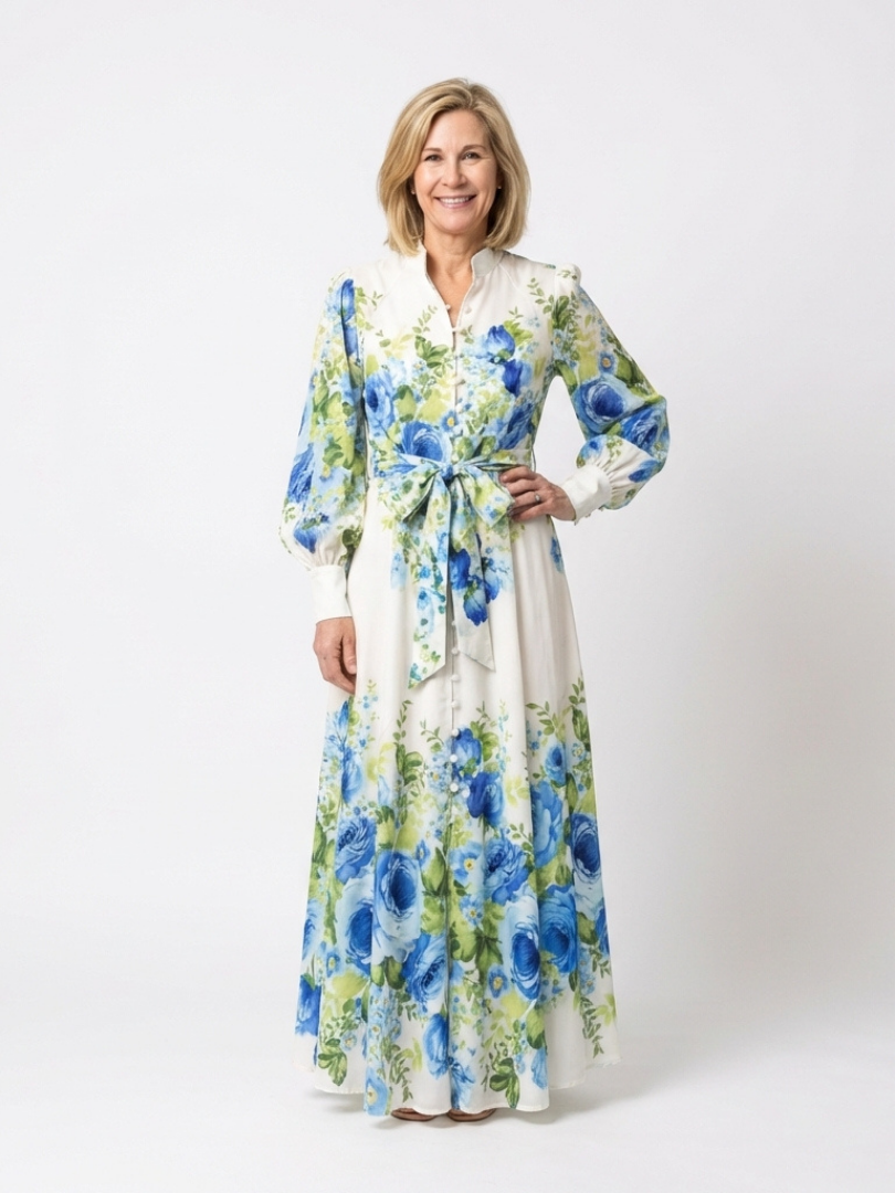 ZINNIA | LONG SLEEVE FLORAL BUTTON FRONT MAXI DRESS
