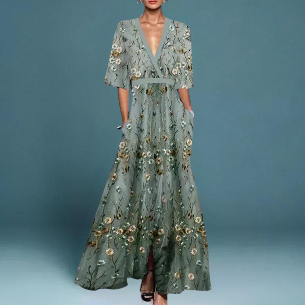 SERAPHINA | BELTED V-NECK FLORAL MAXI DRESS