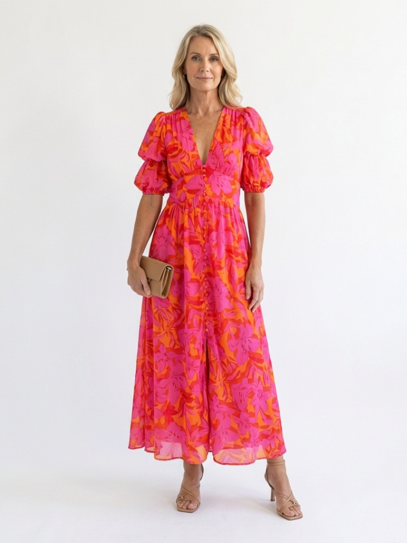 GENEVRA | FLORAL V NECK PUFF SLEEVE MIDI DRESS