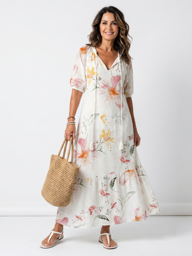 VALENTINA | SOFT FLORAL TIERED TASSEL MIDI DRESS