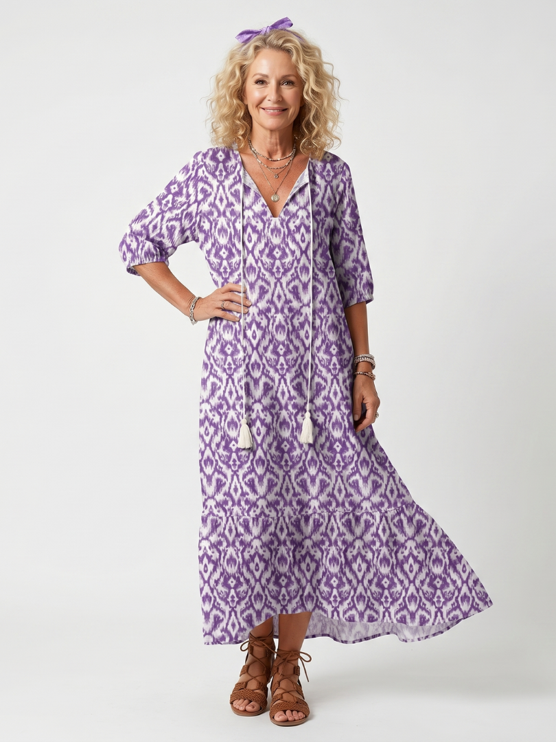 MELINA | PRINTED TASSEL TIE MIDI DRESS