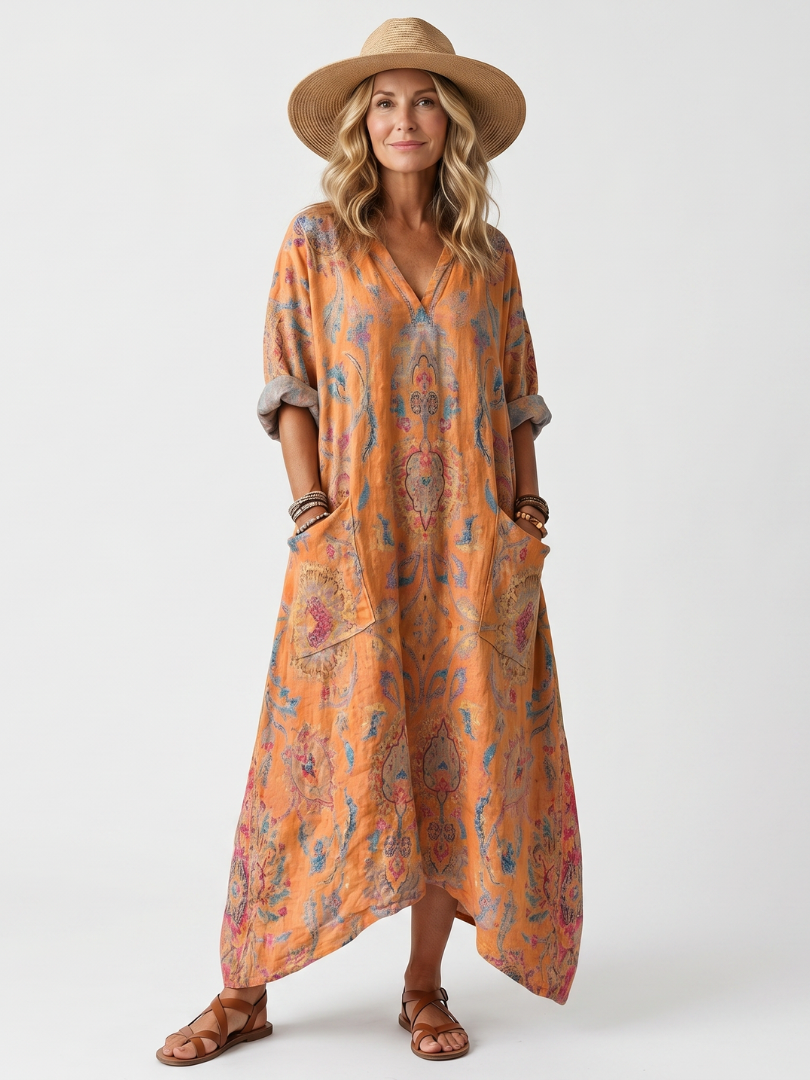 MARGAUX | NOTCH NECK PRINTED OVERSIZED POCKET MIDI DRESS