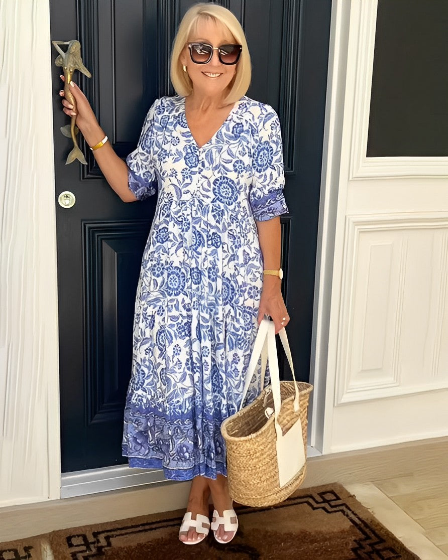 VELORA | GRACEFUL V-NECK FLORAL DRESS