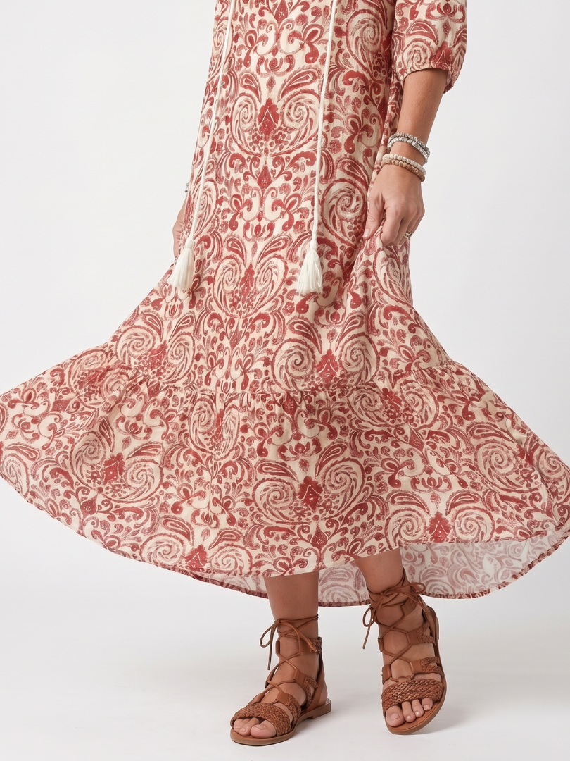 CELESTE | ORNATE PRINT TASSEL TIE MIDI DRESS