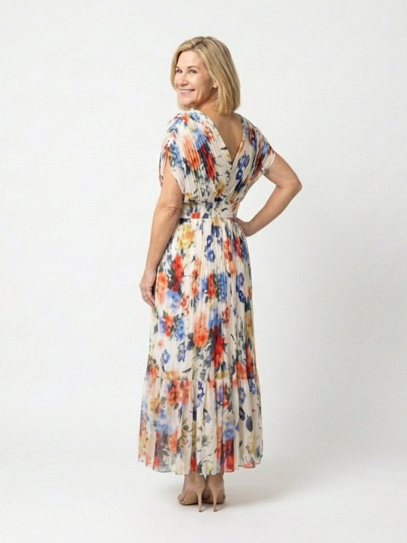 FAUSTINE | SHORT SLEEVE PLEATED FLORAL MIDI DRESS