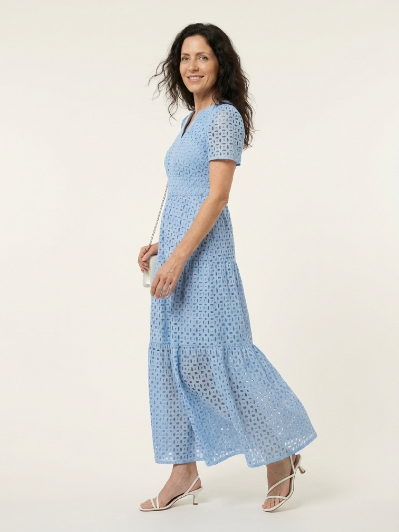 MAREN | V NECK SHORT SLEEVE TIERED MIDI DRESS
