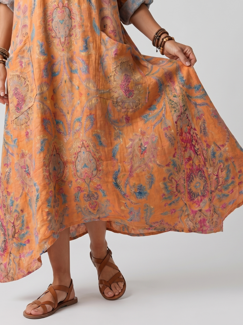MARGAUX | NOTCH NECK PRINTED OVERSIZED POCKET MIDI DRESS