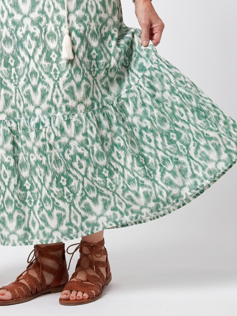 GIULIA | PATTERN V NECK TASSEL MIDI DRESS