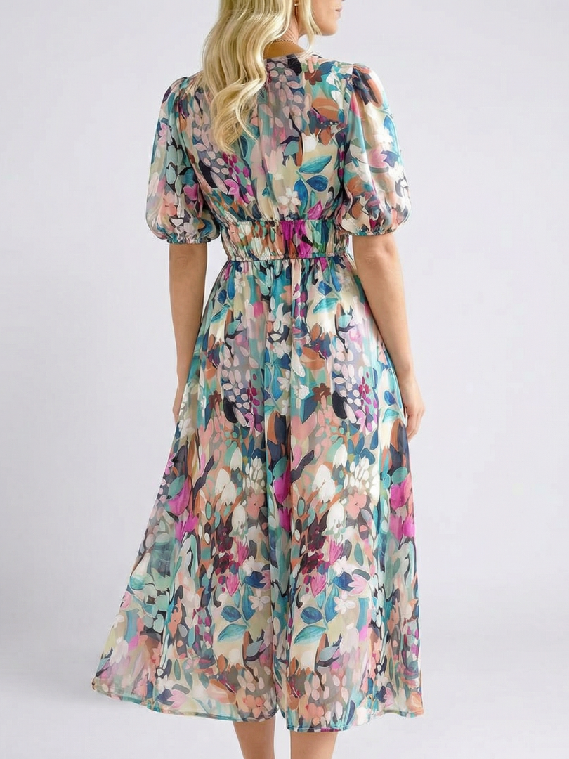 INES | V NECK SHORT SLEEVE GATHERED WAIST MIDI DRESS
