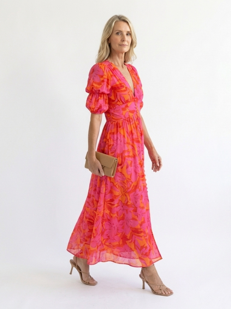 GENEVRA | FLORAL V NECK PUFF SLEEVE MIDI DRESS