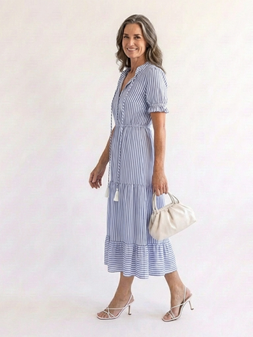 ANOUK | SHORT SLEEVE STRIPED TIERED MIDI DRESS